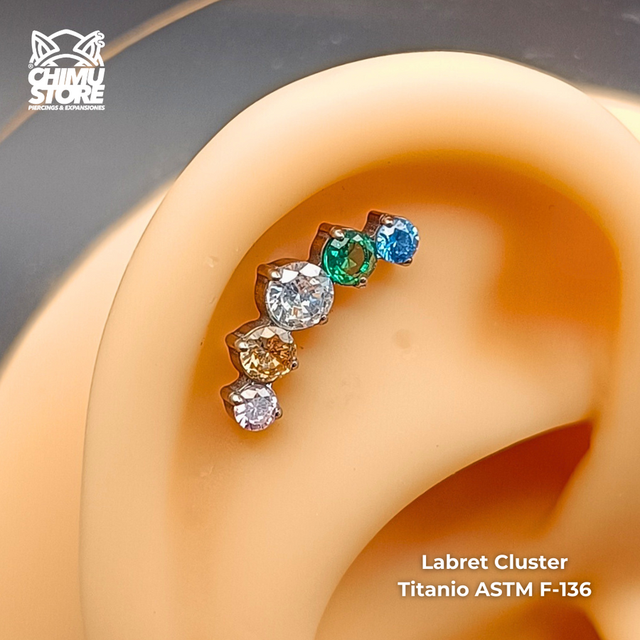 NEW Labret Titanio ASTM F-136 - Cluster 5 Zirconias Colores (1,2mm;6mm) (16G)