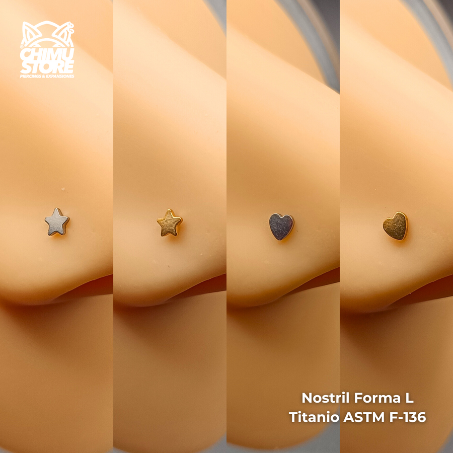 Nostril Forma L Titanio ASTM F-136 - Estrella y Corazón (0,8mm) (20G)