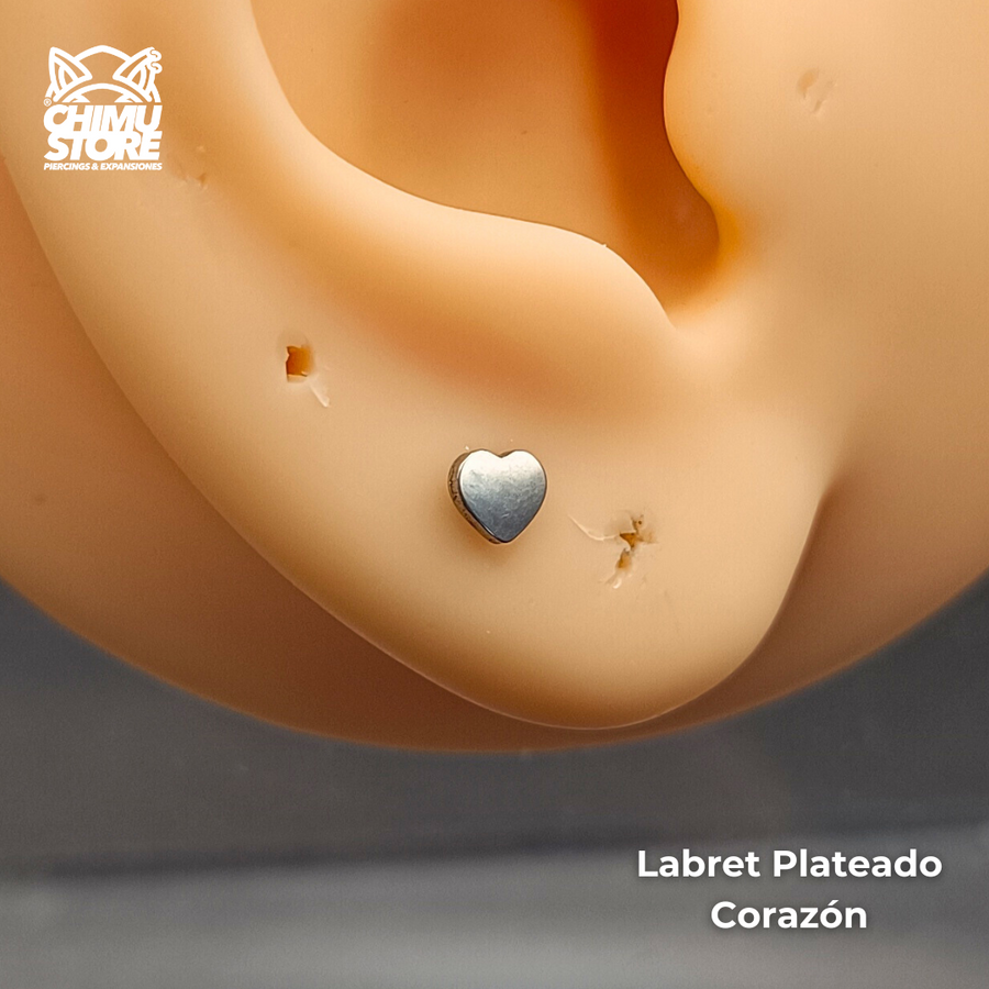 Labret (Push Pin) Titanio G23 - Corazón Plateado 4mm (1,2mm;8mm) (16G)