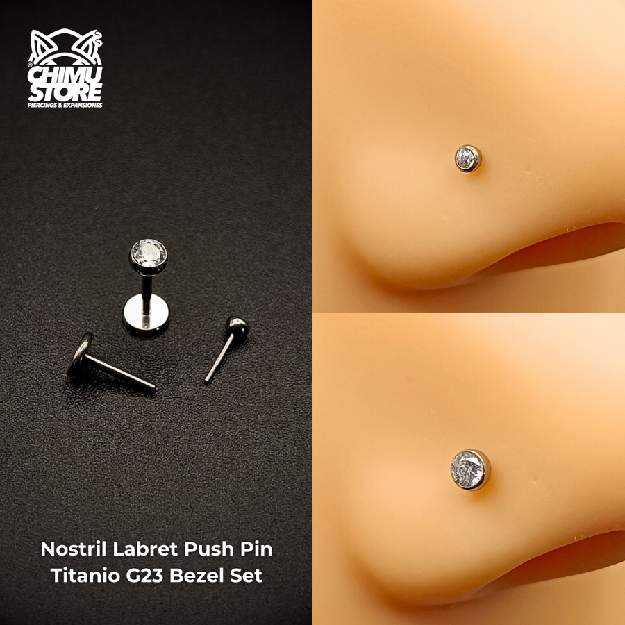 NEW Nostril Labret (Push Pin) Titanio G23 - Bezel Set Zirconia (0,8mm) (20G)