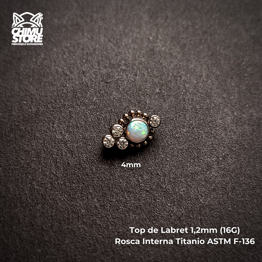 NEW Top de Labret Titanio ASTM F-136 - Opalita Op17 Blanca con Zirconias y Cuentas (1,2mm) (16G)