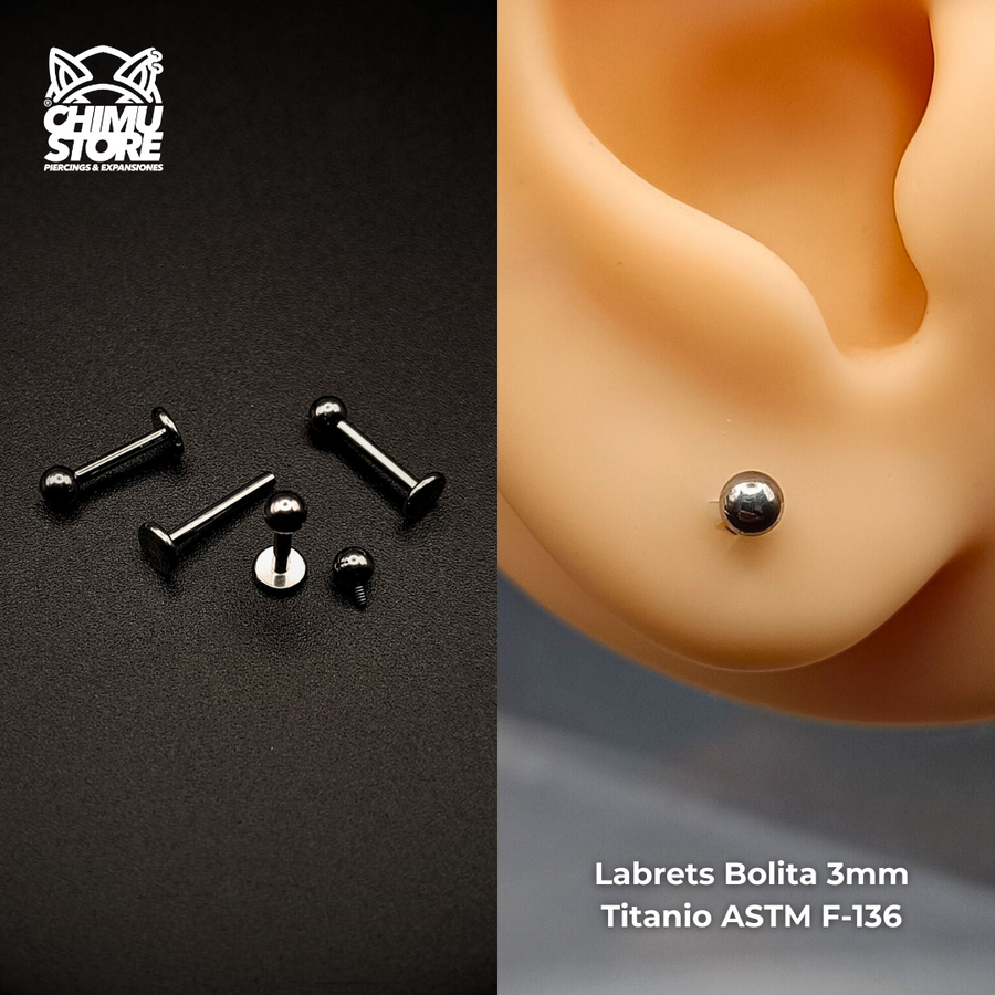 Labret (HC) Titanio ASTM F-136 - Bolita de 3mm Plateados (1,2mm) (16G)