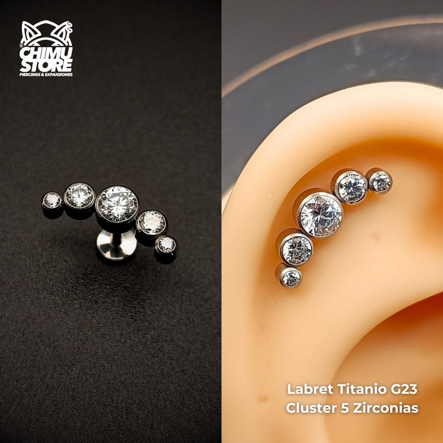 NEW Labret (HC) Titanio G23 - Cluster 5 Zirconias (1,2mm;8mm) (16G)