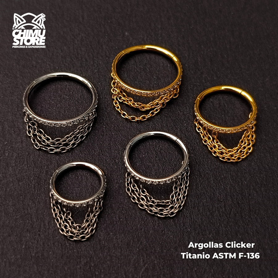 Argolla Clicker Titanio ASTM F-136 - Triple Cadena Zirconias Laterales (1,2mm) (16G)