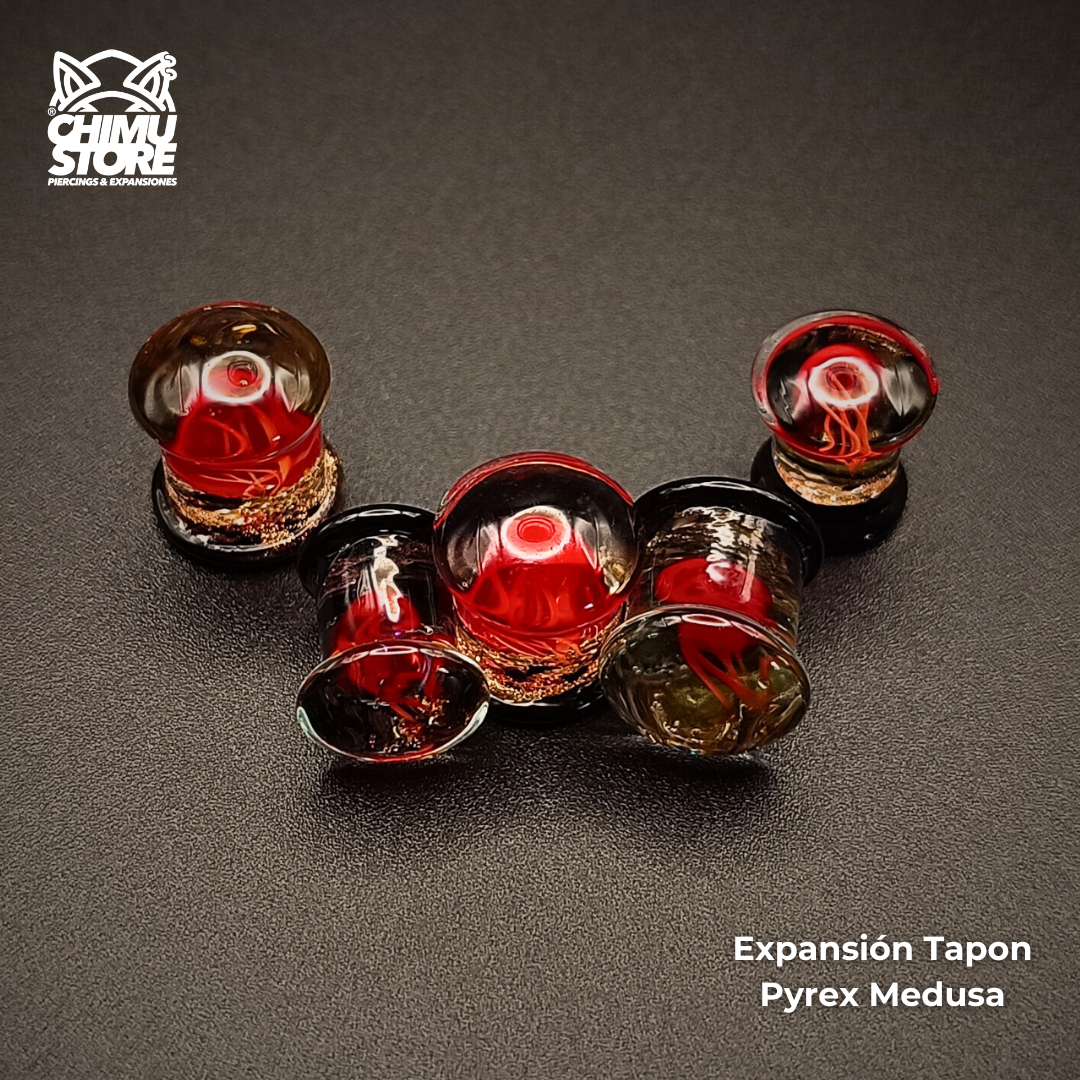 Expansion Pyrex - Medusa Roja Fondo Negro Burbujas Doradas (8mm a 16mm)