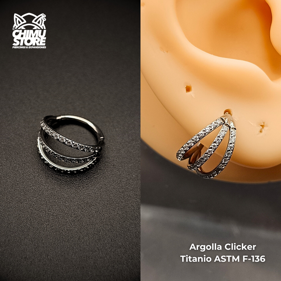 Argolla Clicker Titanio ASTM F-136 - Triple Anillo Zirconias Laterales (1,2mm) (16G)