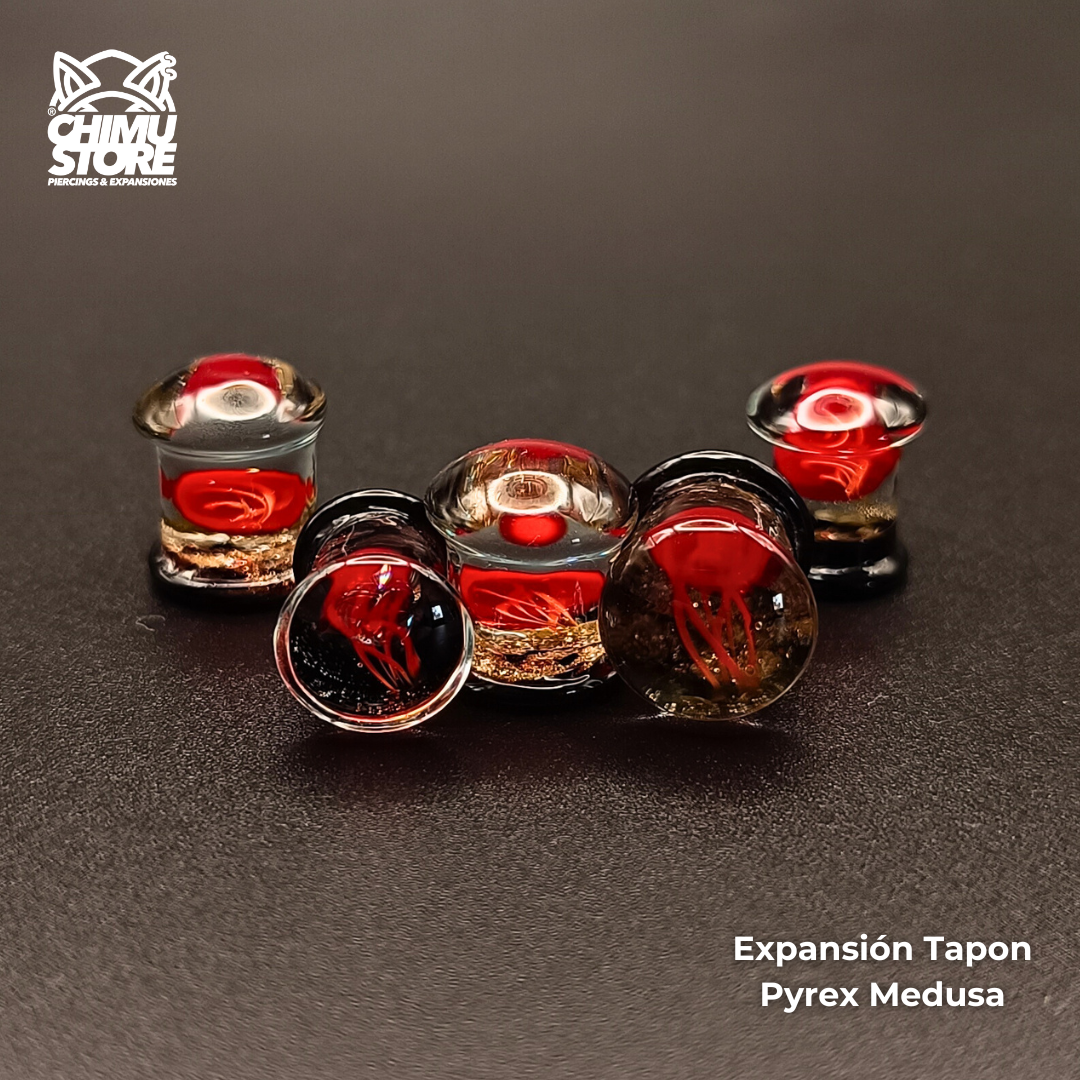 Expansion Pyrex - Medusa Roja Fondo Negro Burbujas Doradas (8mm a 16mm)