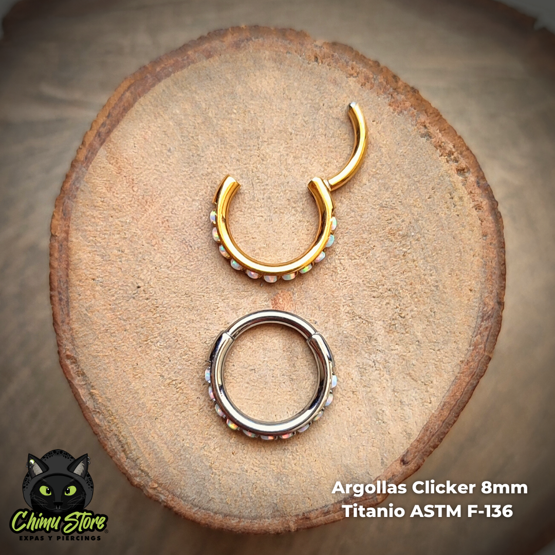 Argolla Clicker Titanio ASTM F-136 - Opalitas Op17 Blancas Laterales (1,2mm;8mm) (16G)