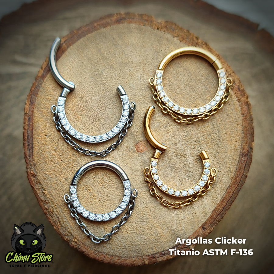 Argolla Clicker Titanio ASTM F-136 - Zirconias Frontales con Cadena (1,2mm) (16G)
