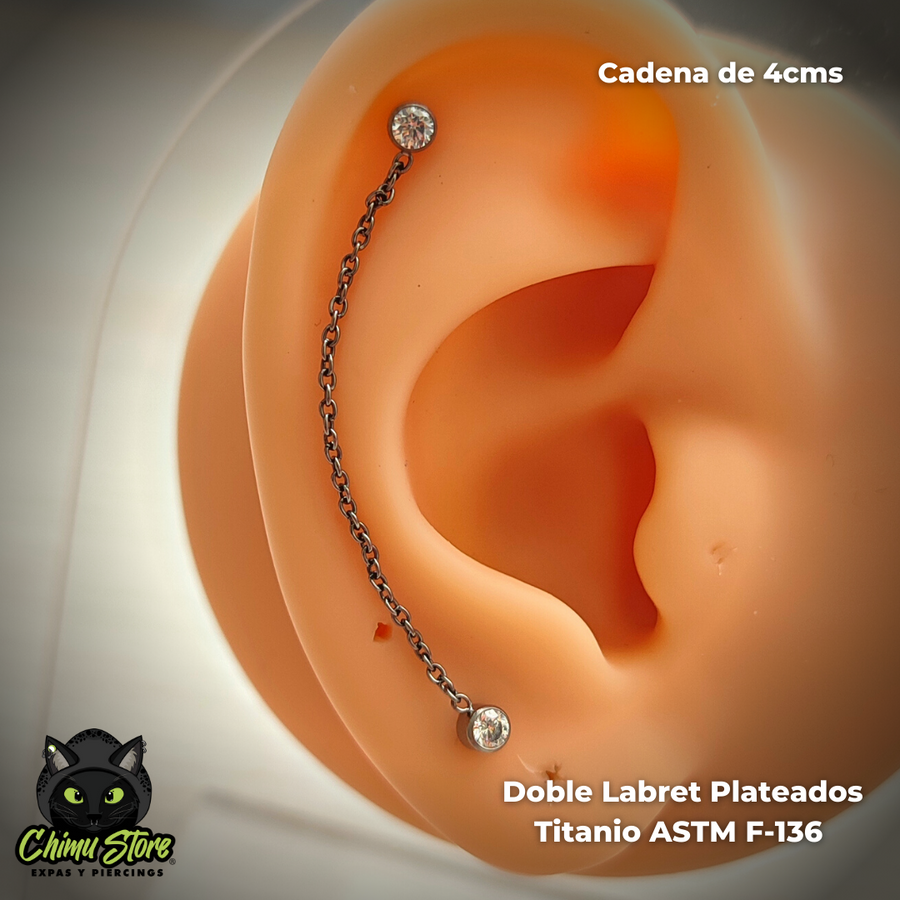 Doble Labret Titanio ASTM F-136 - Zirconias y Cadenas (1,2mm;8mm) (16G)