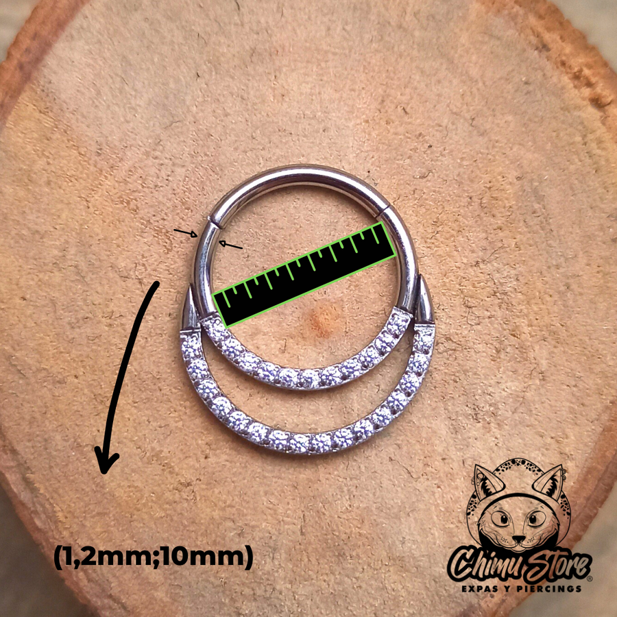 Argolla Clicker Titanio ASTM F-136 - Argolla Doble Zirconias Frontales (1,2mm;10mm) (16G)