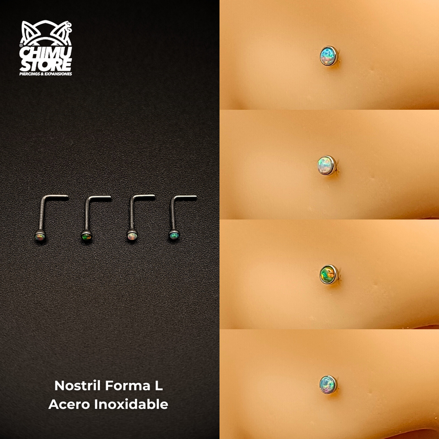 NEW Nostril (Forma de L) Acero Inoxidable - Piedra Opalita (0,8mm) (20G)