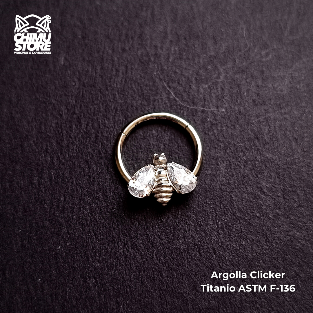 Argolla Clicker Titanio ASTM F-136 - Abeja Alas Zirconias (1,2mm;10mm) (16G)