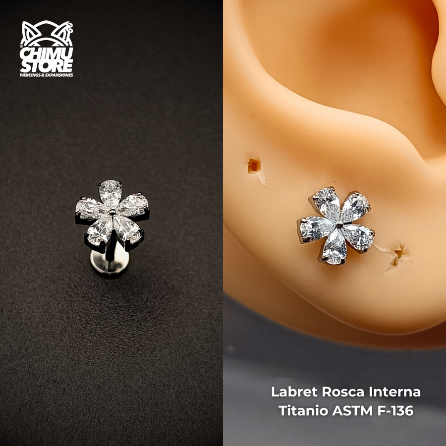 NEW Labret (HC) Titanio ASTM F-136 - Flor 5 Petalos Zirconias (1,2mm;8mm) (16G)