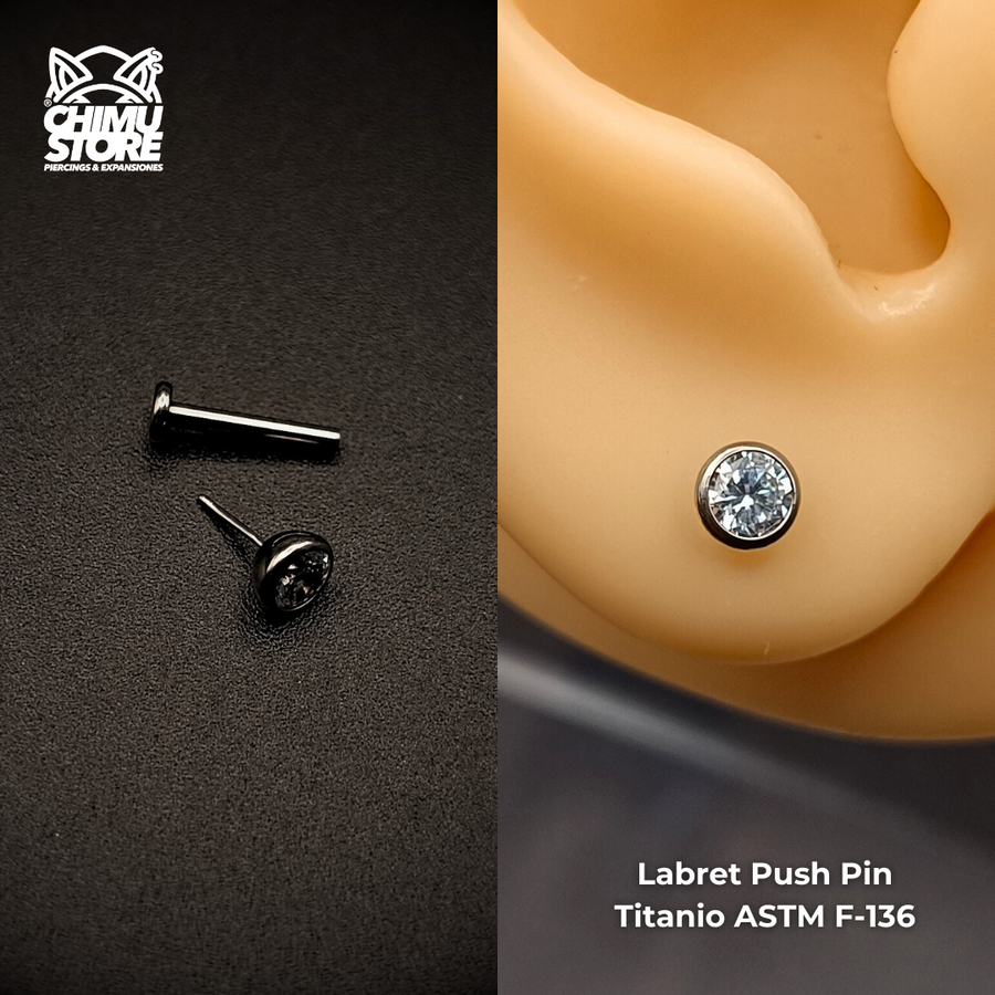 NEW Labret Push Pin Titanio ASTM F-136 - Bezel Set Zirconia 4mm (1,2mm;8mm) (16G)