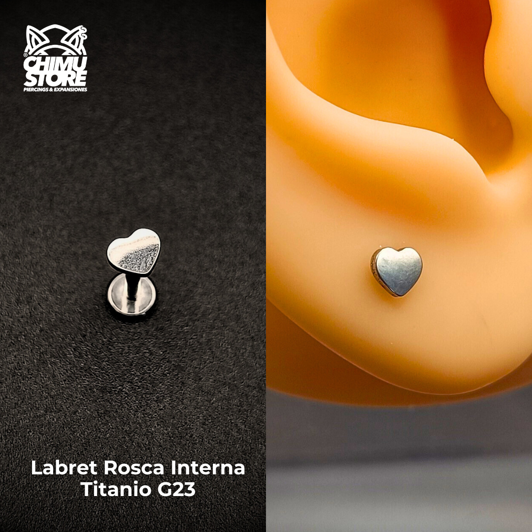 Labret (Push Pin) Titanio G23 - Corazón Plateado 4mm (1,2mm;8mm) (16G)