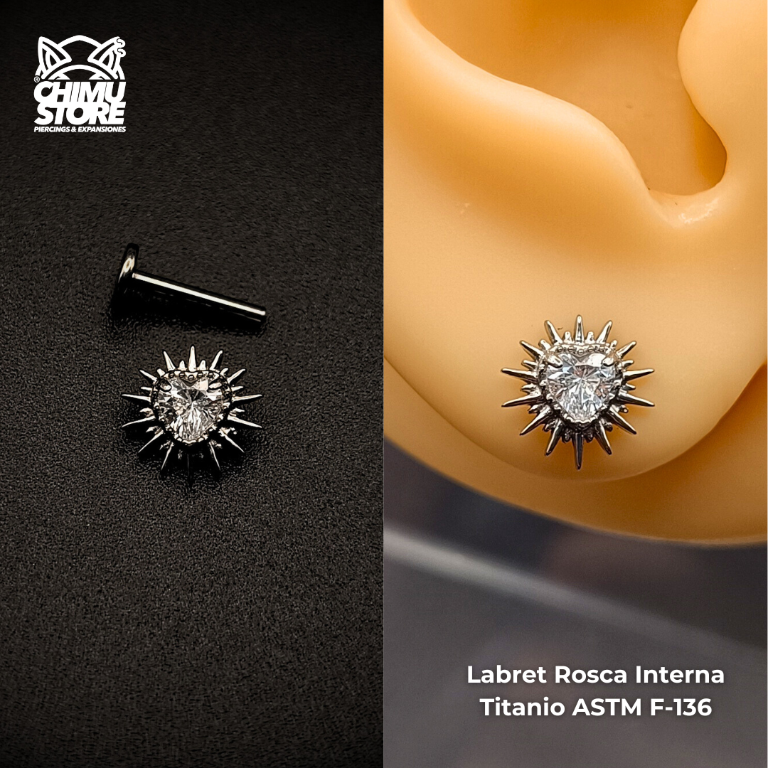 NEW Labret (HC) Titanio ASTM F-136 - Corazón Sol Zirconia (1,2mm;8mm) (16G)