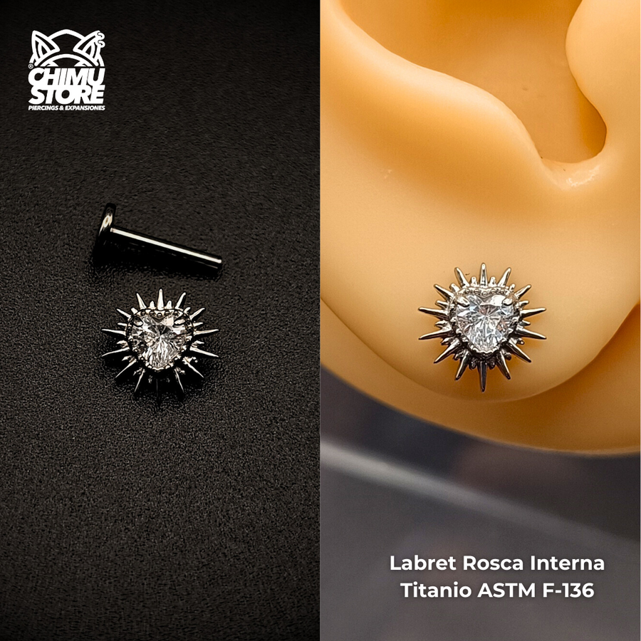 NEW Labret (HC) Titanio ASTM F-136 - Corazón Sol Zirconia (1,2mm;8mm) (16G)