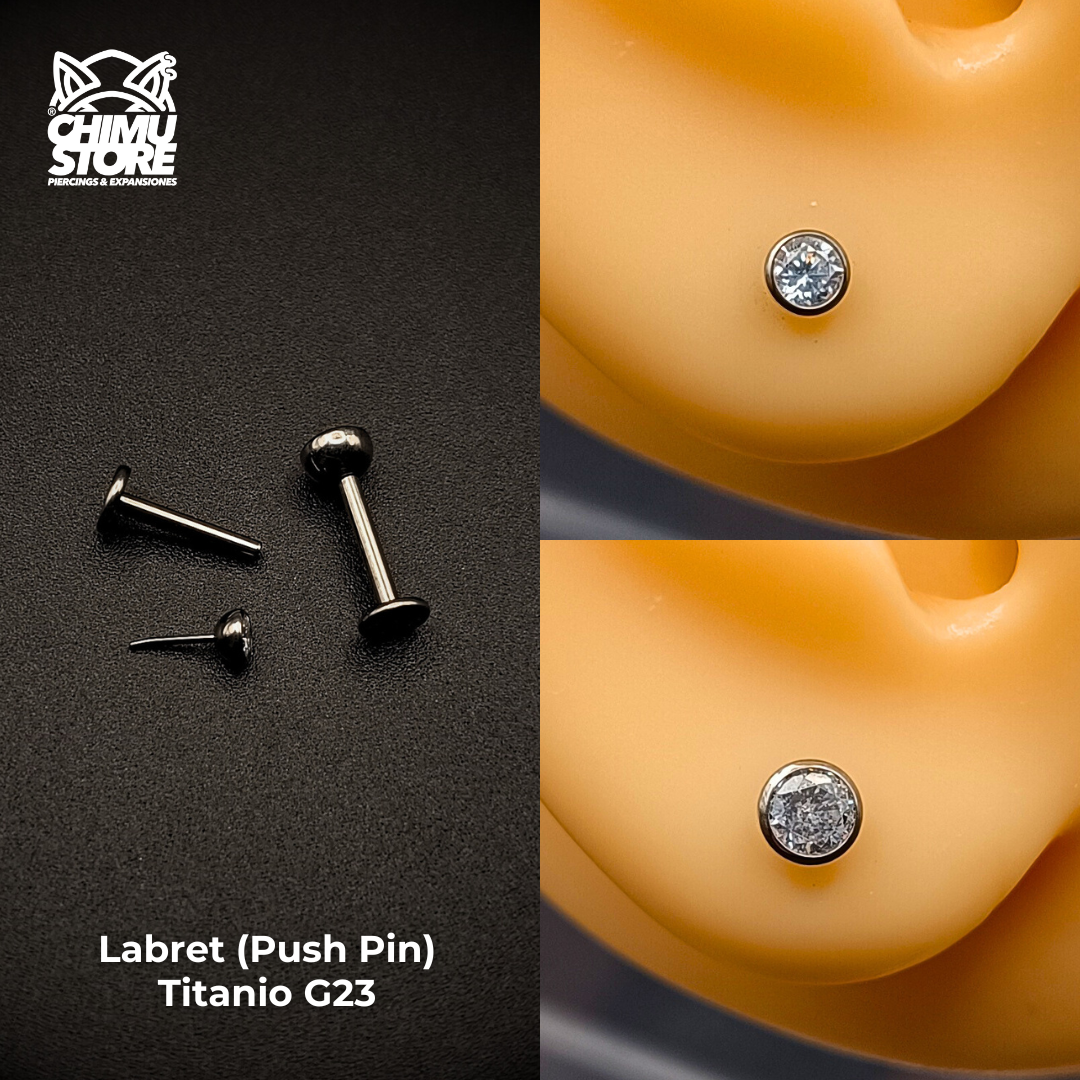 NEW Labret (Push Pin) Titanio G23 - Bezel Set Zirconia Redonda (1,2mm;8mm) (16G)