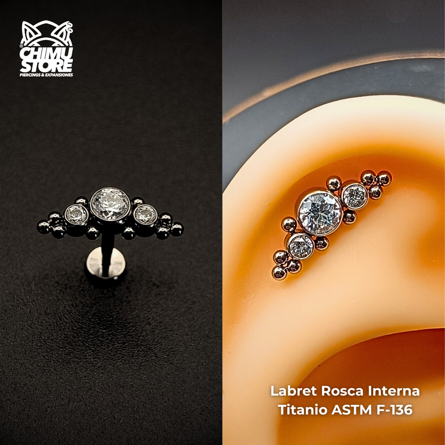 NEW Labret (HC) Titanio ASTM F-136 - Cluster 3 Zirconias y Cuentas (1,2mm) (16G)