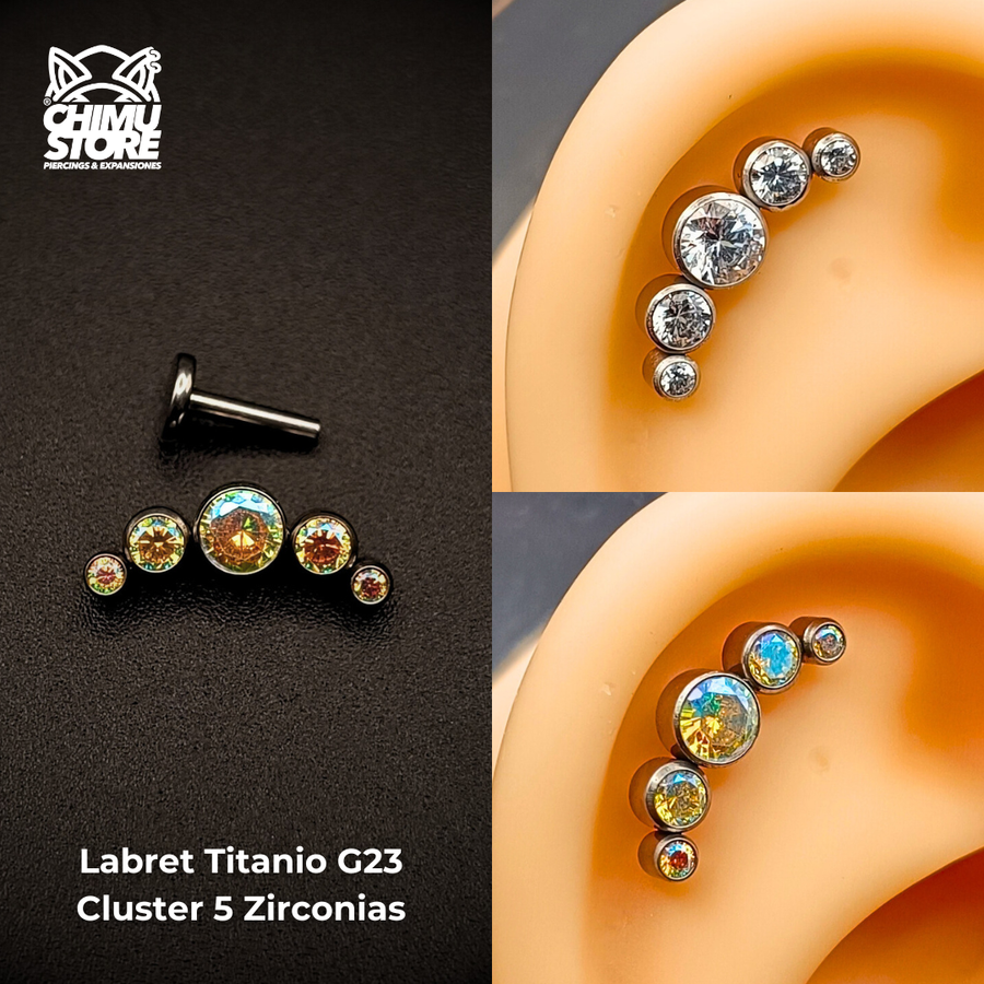 NEW Labret (HC) Titanio G23 - Cluster 5 Zirconias (1,2mm) (16G)