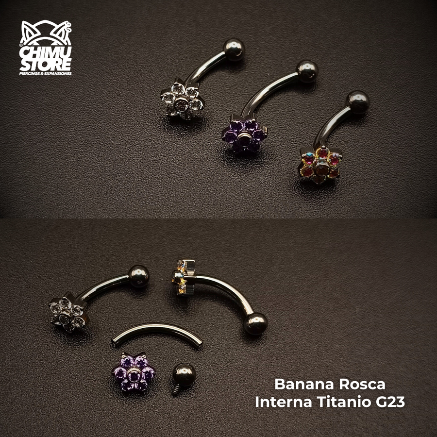 NEW Banana (HC) Titanio G23 - Flor 6 Petalos Cristales y Bolita 3mm (1,2mm) (16G)