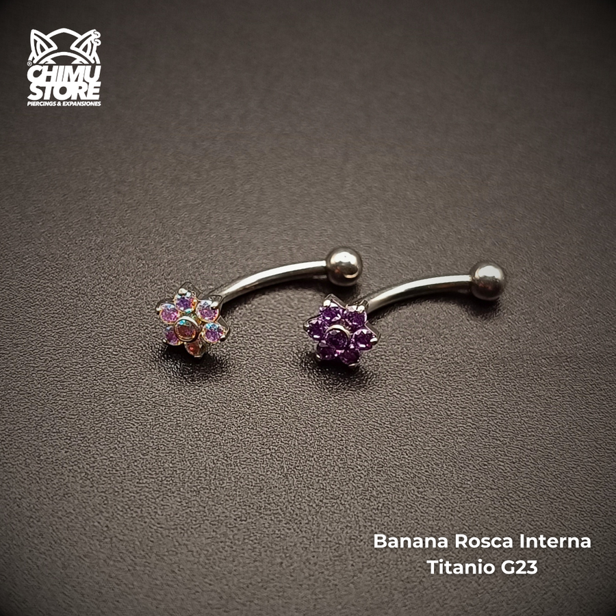 Banana Rosca Interna Titanio G23 - Flor 6 Petalos Cristales y Bolita 3mm (1,2mm) (16G)