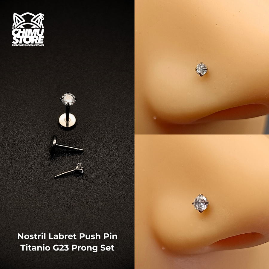 NEW Nostril Labret (Push Pin) Titanio G23 - Prong Set Zirconia (0,8mm) (20G)