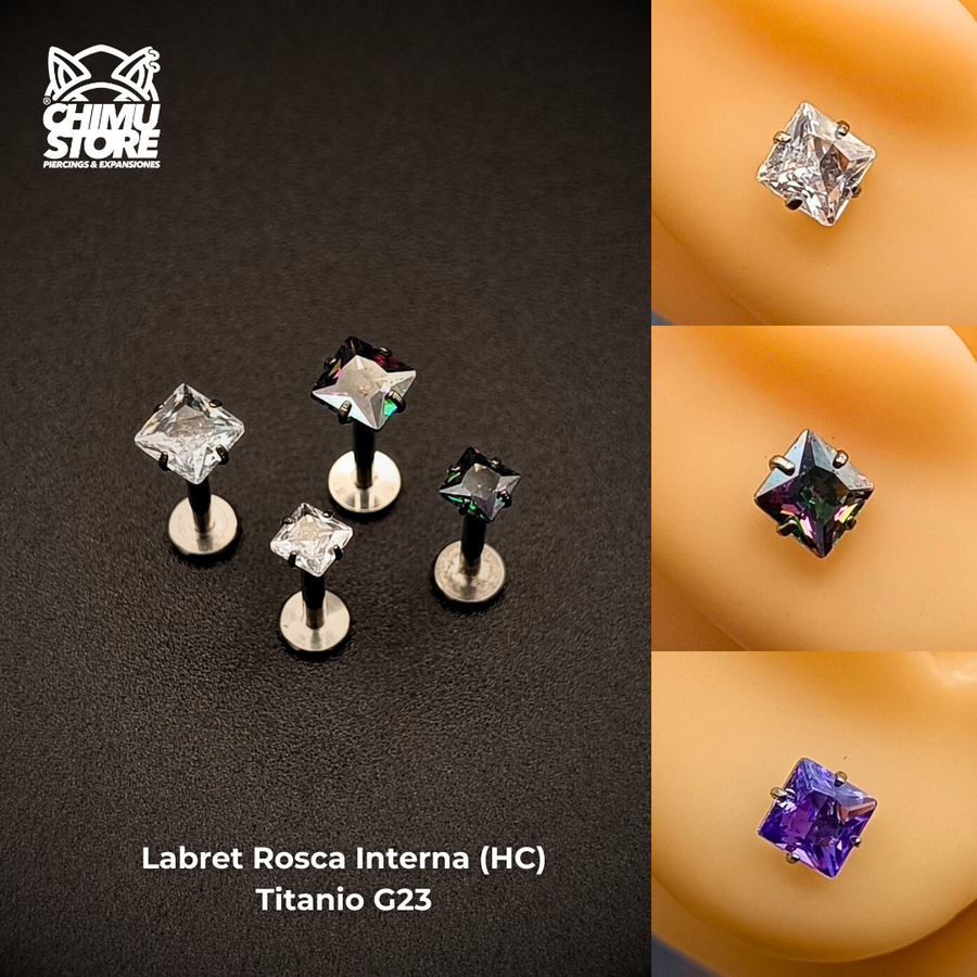 NEW Labret (HC) Titanio G23 - Prong Set Zirconia Cuadrada 003 (1,2mm;8mm) (16G)