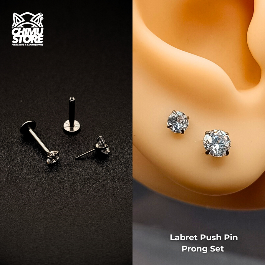Labret (Push Pin) Titanio G23 - Prong Set Zirconia Redonda (1,2mm) (16G)