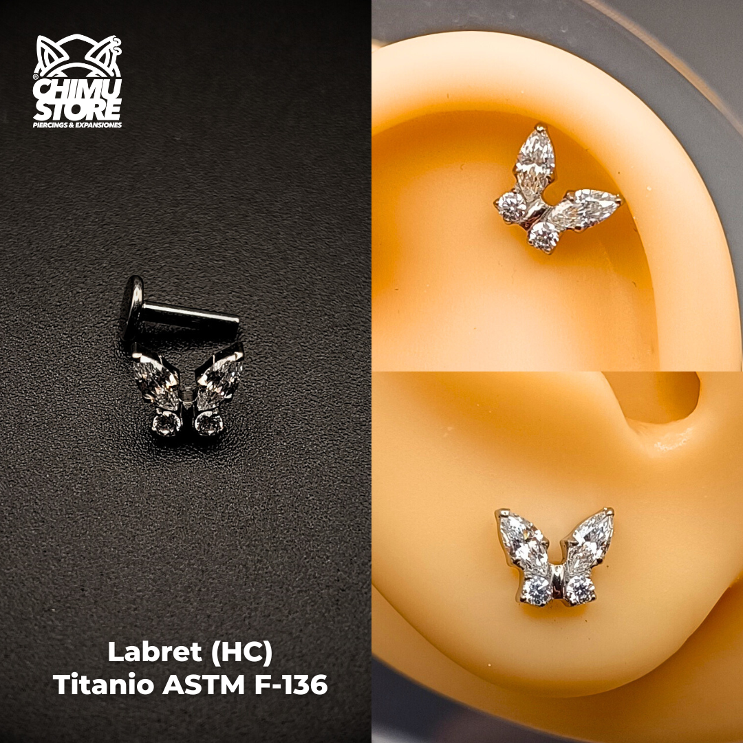 NEW Labret (HC) Titanio ASTM F-136 - Mariposa 4 Alas Zirconias (1,2mm;6mm) (16G)
