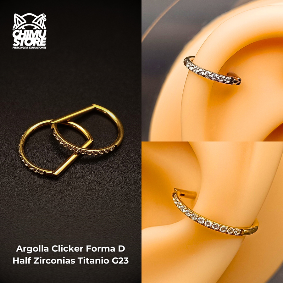 NEW Argolla Clicker Titanio G23 - Forma D Half Zirconias Laterales (1,2mm) (16G)
