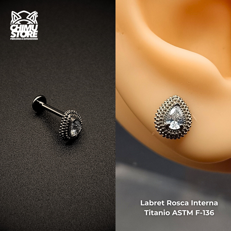 NEW Labret (HC) Titanio ASTM F-136 - Lagrima Zirconia (1,2mm;8mm) (16G)