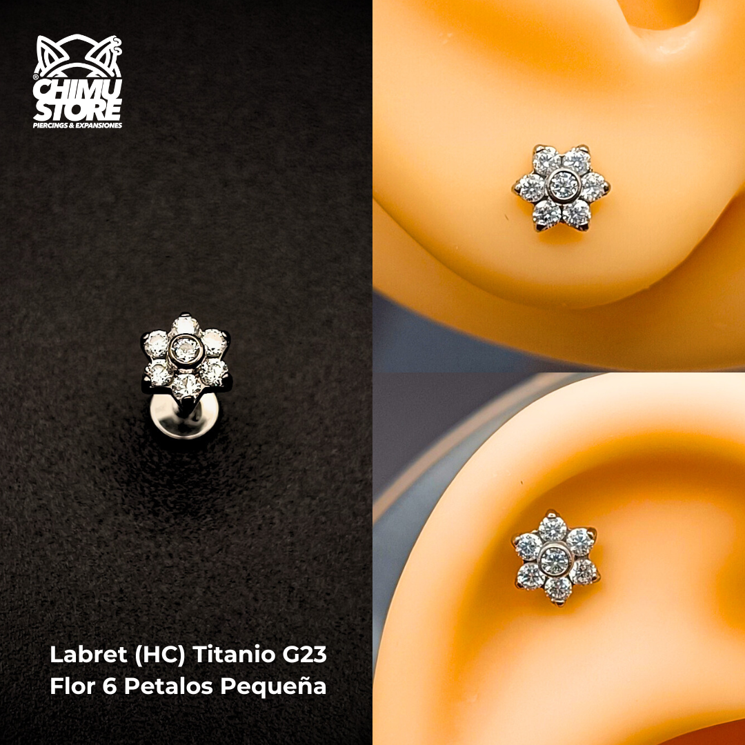 Labret (HC) Titanio G23 - Flor Pequeña 6 Pétalos Zirconias Blancas (1,2mm) (16G)