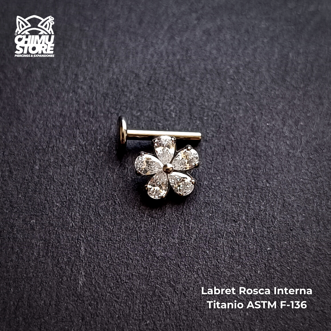 NEW Labret Rosca Interna Titanio ASTM F-136 - Flor 5 Petalos Zirconias (1,2mm;8mm) (16G)