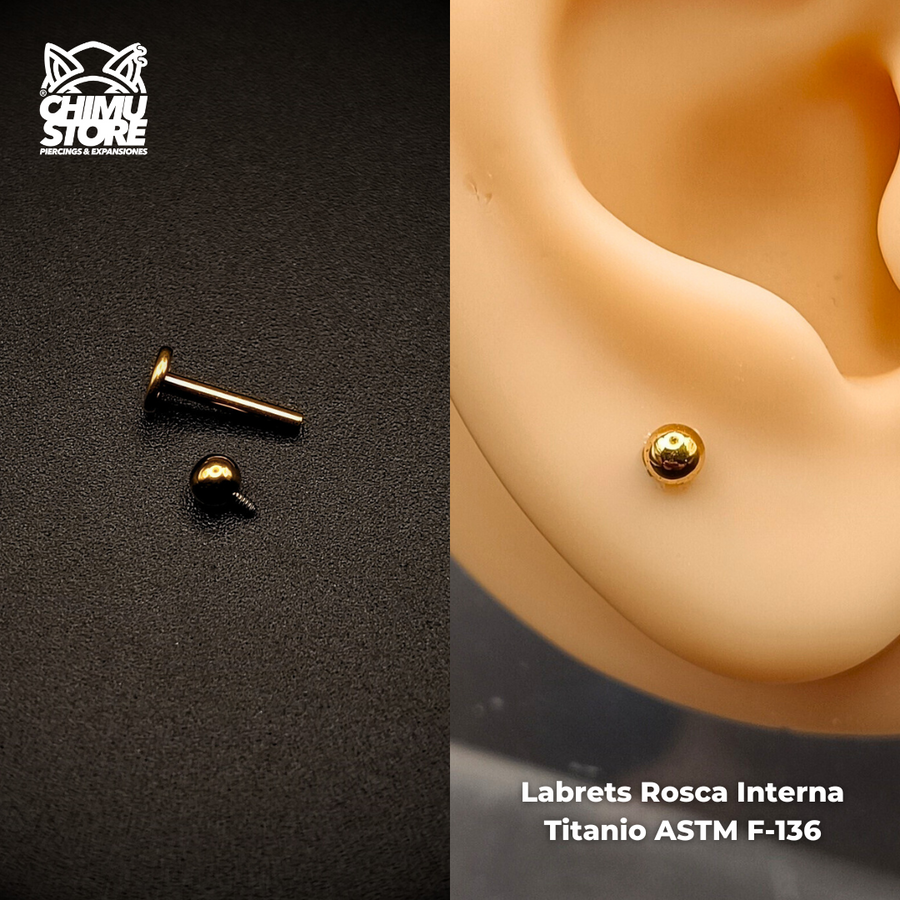 Labret Rosca Interna Titanio ASTM F-136 - Bolita 3mm Dorados (1,2mm) (16G)