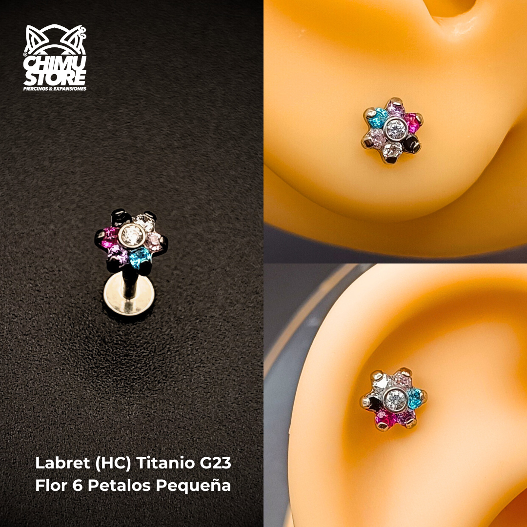 Labret (HC) Titanio G23 - Flor Pequeña 6 Pétalos Zirconias Colores (1,2mm) (16G)