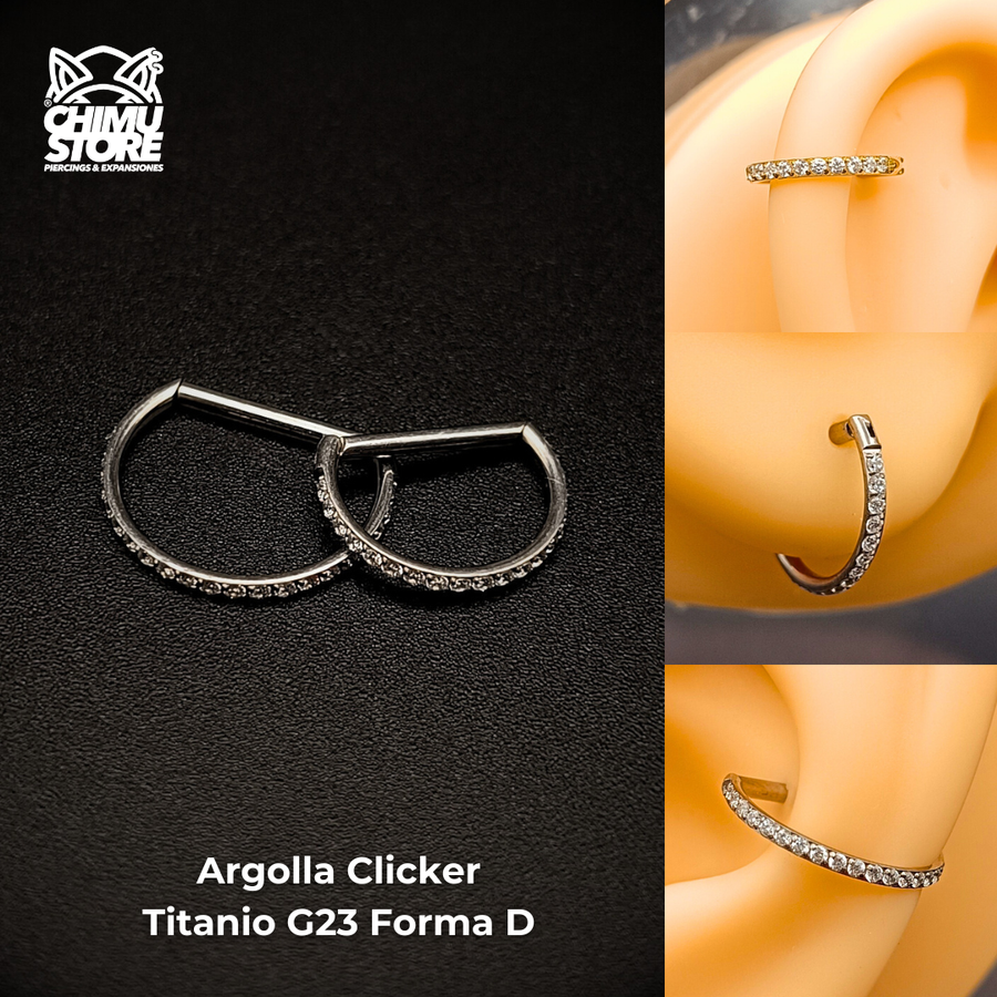 NEW Argolla Clicker Titanio G23 - Forma D Full Zirconias Laterales (1,2mm) (16G)