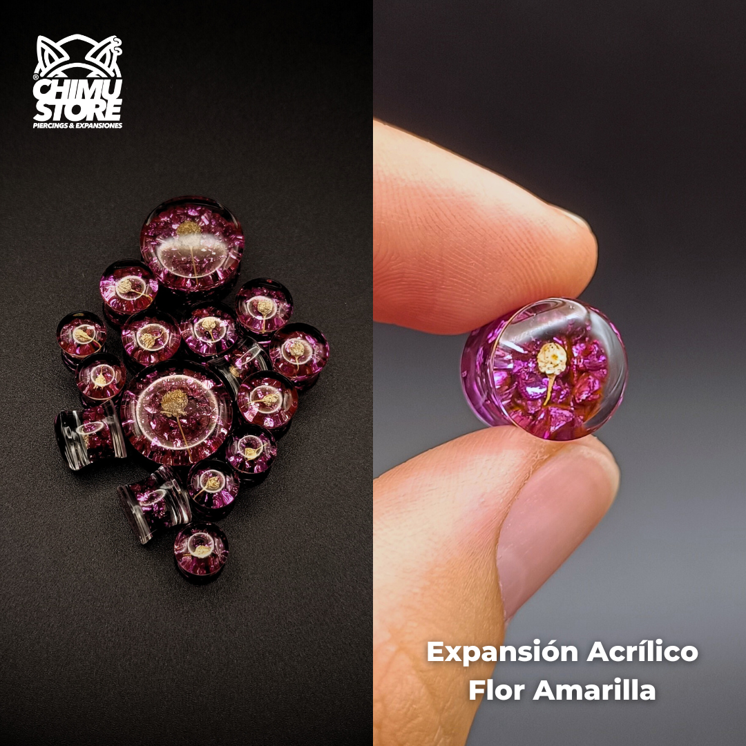 Expansiones Acrílico - Flor Amarilla Piedras Violetas (8mm a 30mm)
