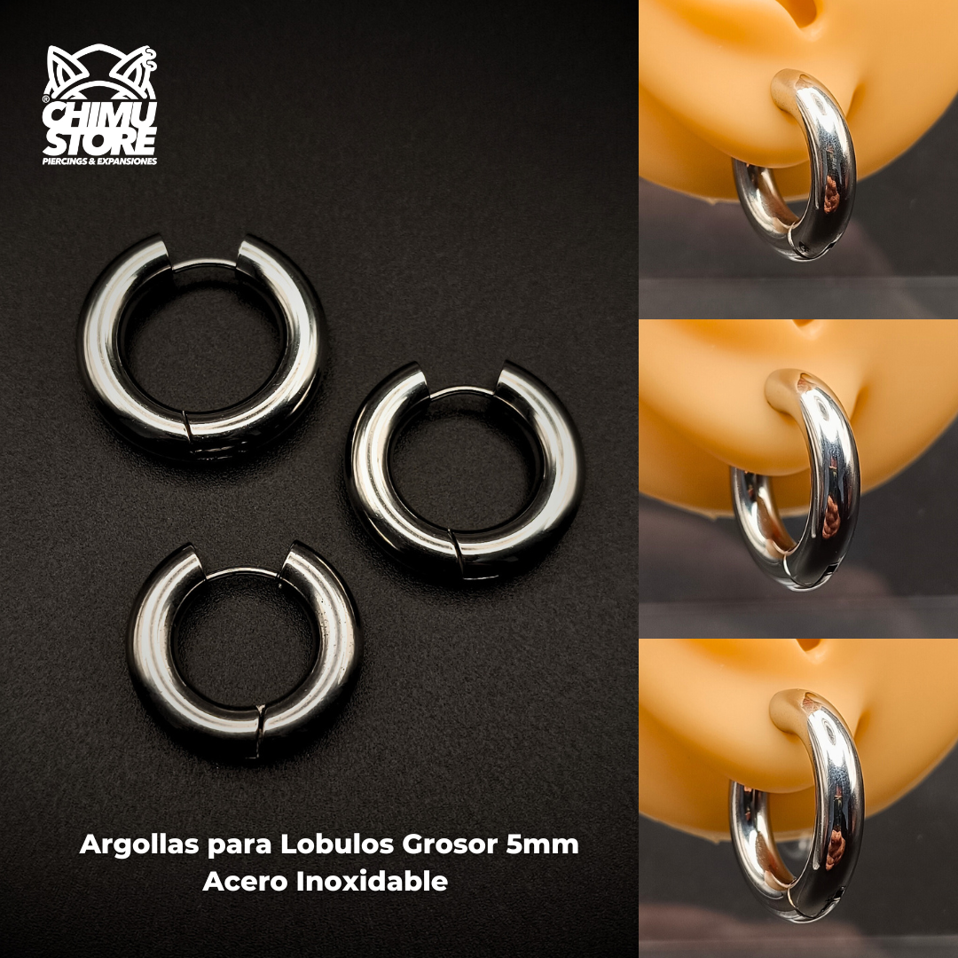 NEW Argollas Lobulo Acero Inoxidable - Plateados Grosor 5mm (18G)