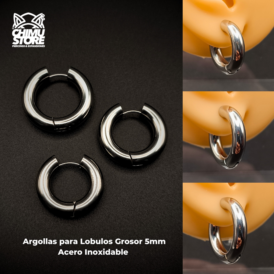NEW Argollas Lobulo Acero Inoxidable - Plateados Grosor 5mm (18G)
