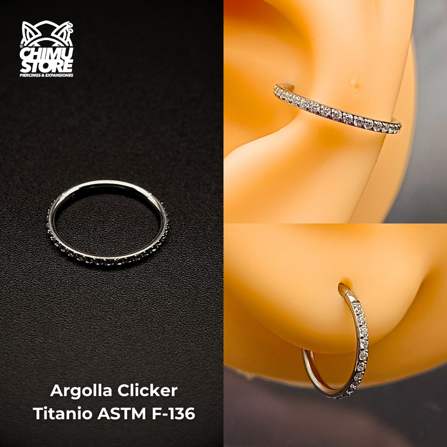 Argolla Clicker Titanio ASTM F-136 - Plateada Zirconias Laterales (1,2mm) (16G)