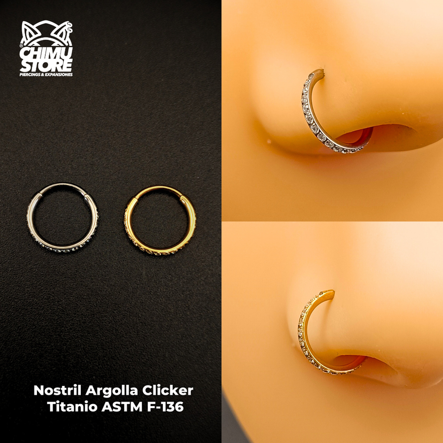NEW Nostril Argolla Clicker Titanio ASTM F-136 - Zirconias Laterales Riel de Luz Grosor 1,2mm (0,8mm) (20G)