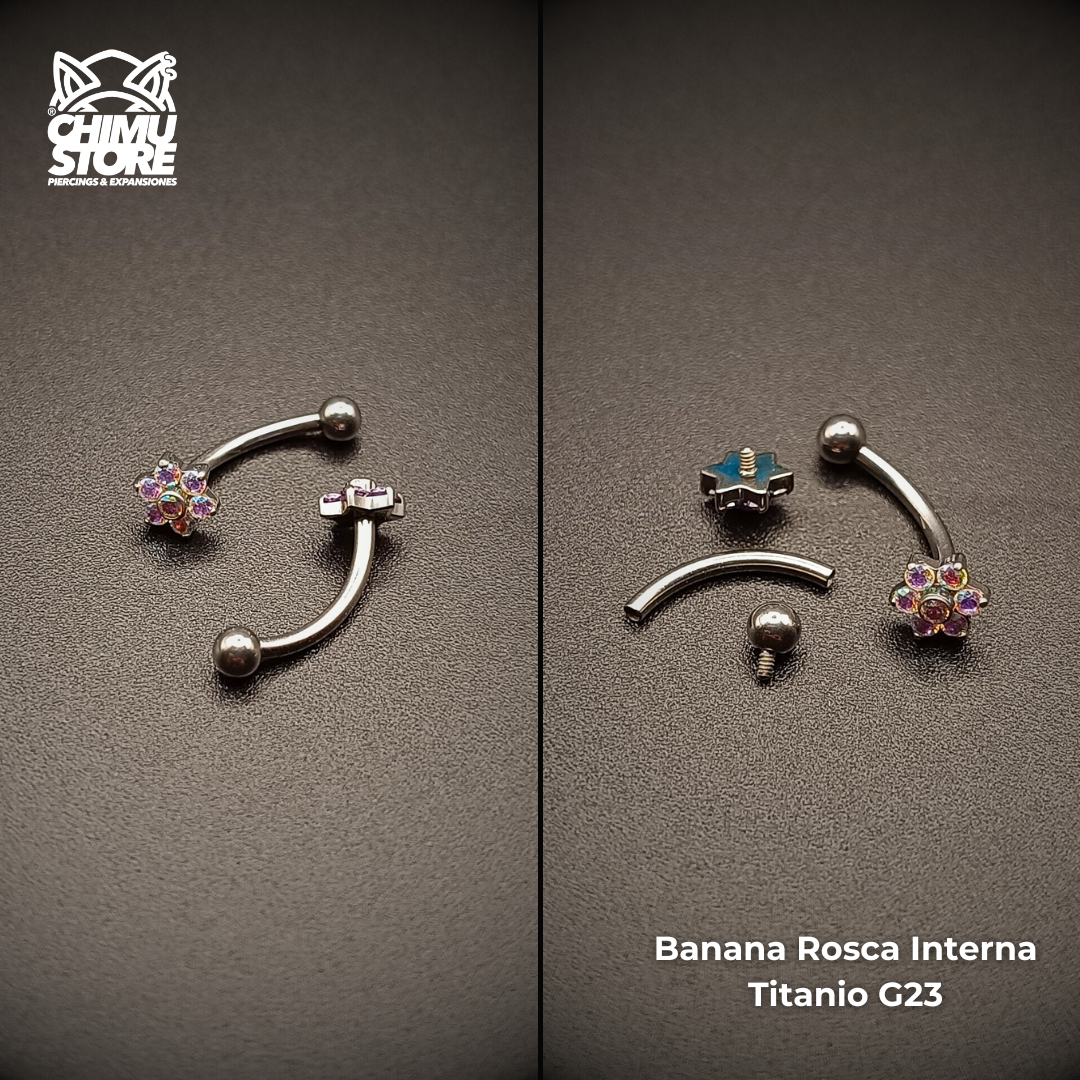Banana Rosca Interna Titanio G23 - Flor 6 Petalos Cristales y Bolita 3mm (1,2mm) (16G)
