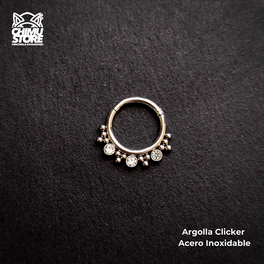 NEW Argolla Clicker Acero Inoxidable - 3 Cristales y Cuentas 001 (1,2mm;8mm) (16G)