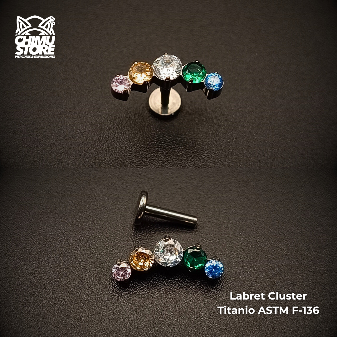 NEW Labret Titanio ASTM F-136 - Cluster 5 Zirconias Colores (1,2mm;6mm) (16G)