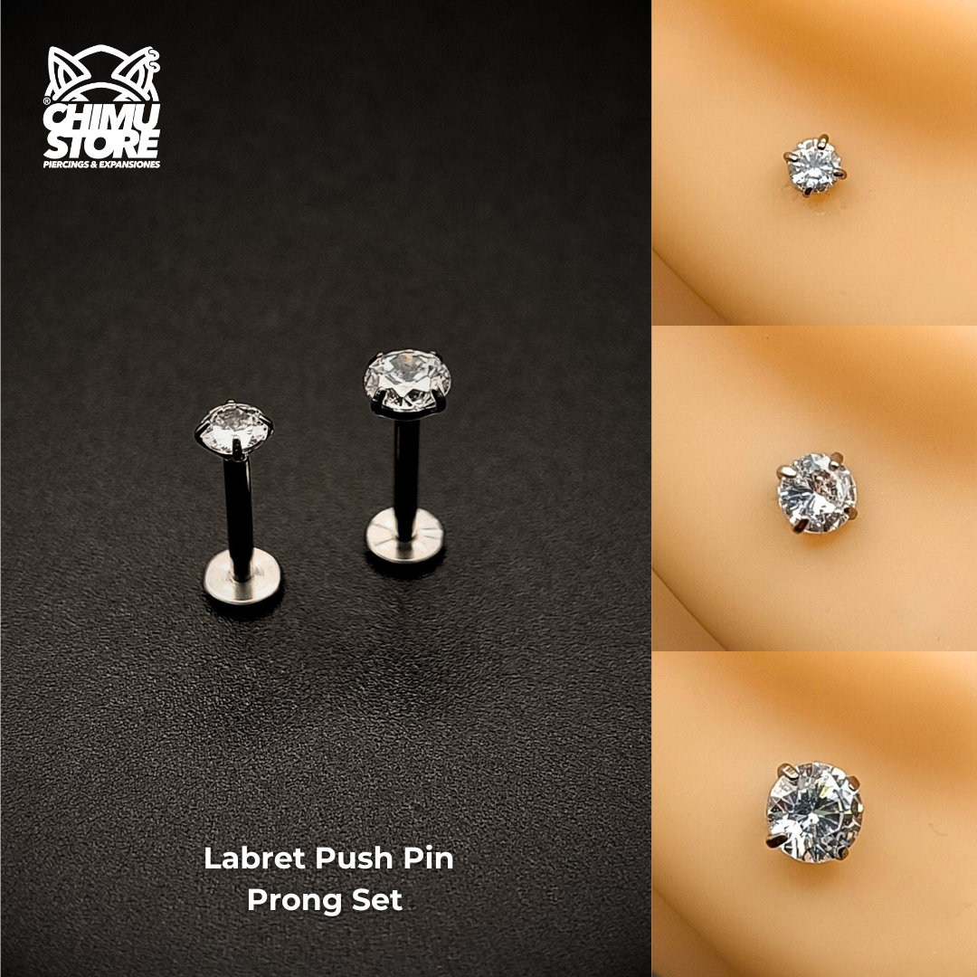 NEW Labret (Push Pin) Titanio G23 - Prong Set Zirconia Redonda (1,2mm) (16G)