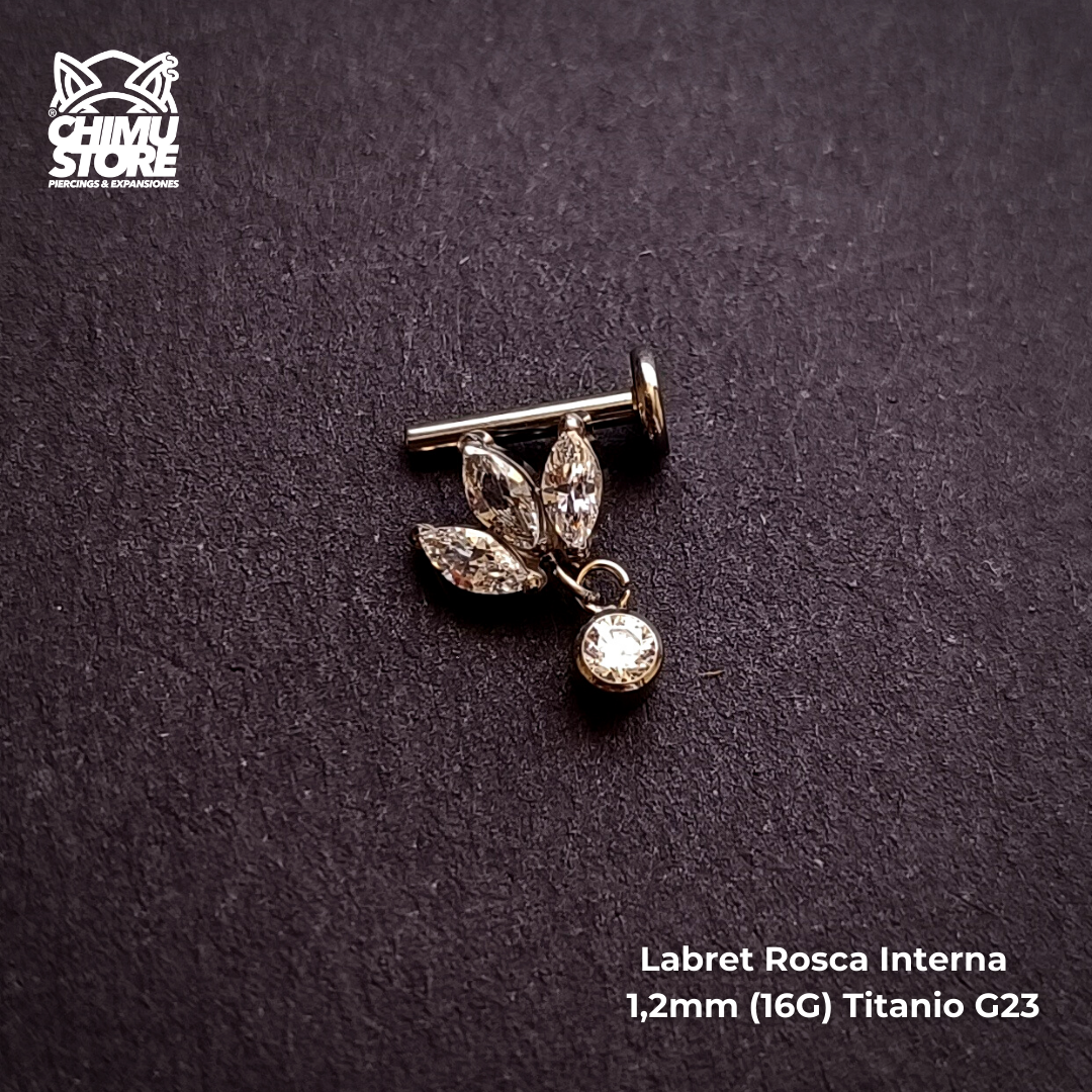 NEW Labret Titanio G23 - Flor 3 Pétalos Zirconias con Colgante (1,2mm;8mm) (16G)