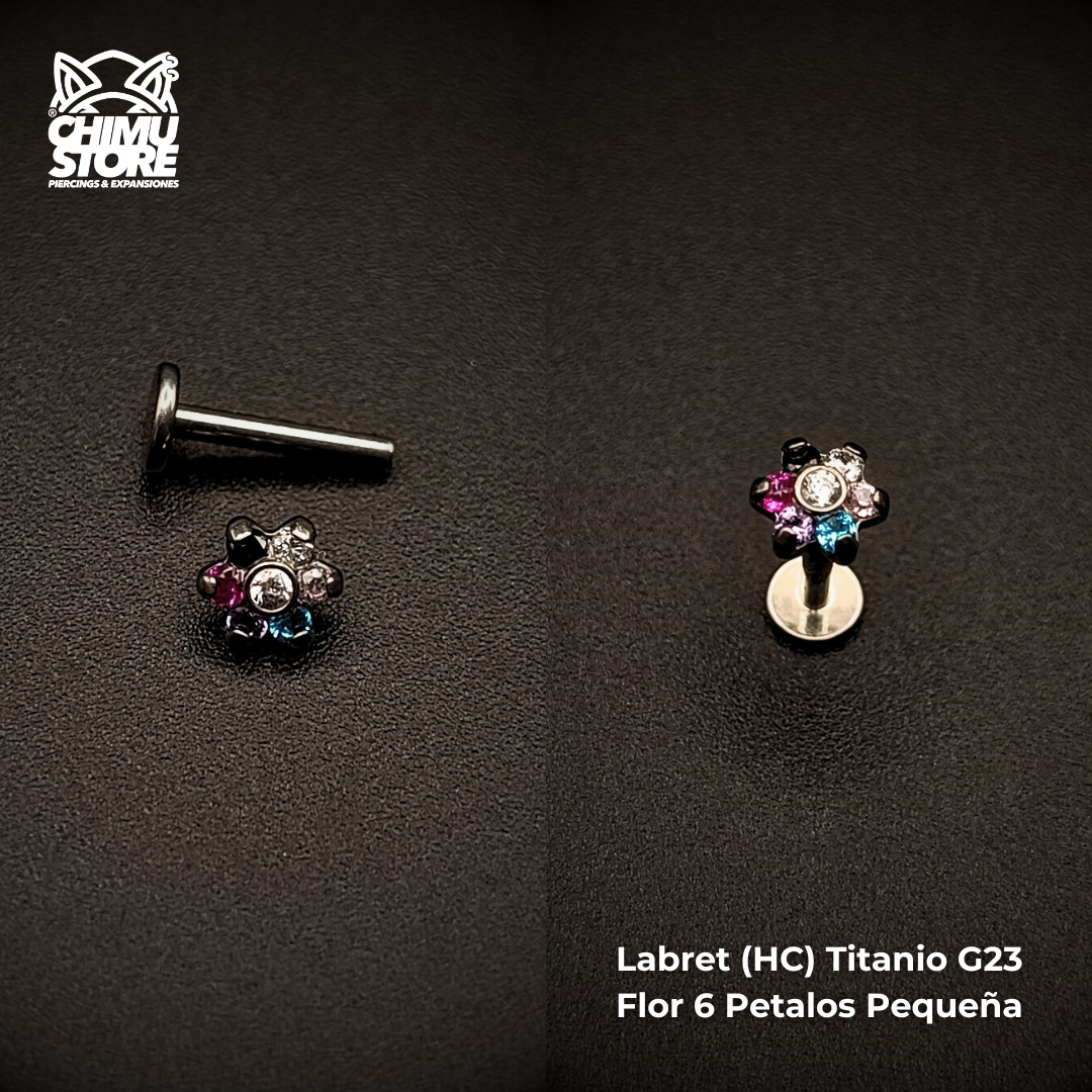 Labret (HC) Titanio G23 - Flor Pequeña 6 Pétalos Zirconias Colores (1,2mm) (16G)