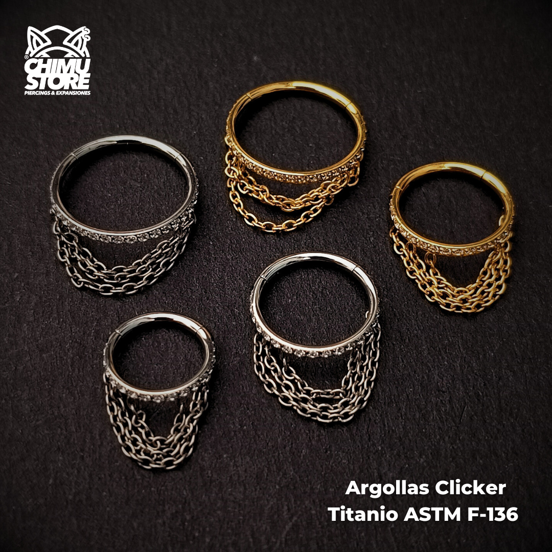 Argolla Clicker Titanio ASTM F-136 - Triple Cadena Zirconias Laterales (1,2mm) (16G)